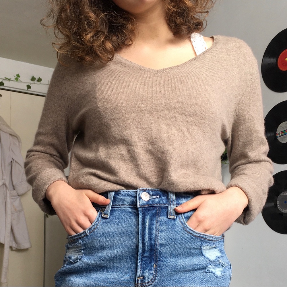 Madison Cashmere Beige V-Neck Sweater